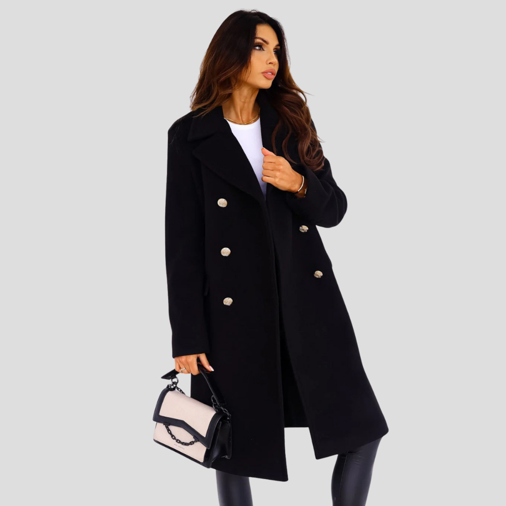 Gabriella Dames dubbelrijige winterjas – elegante wolmix jas met klassieke revers