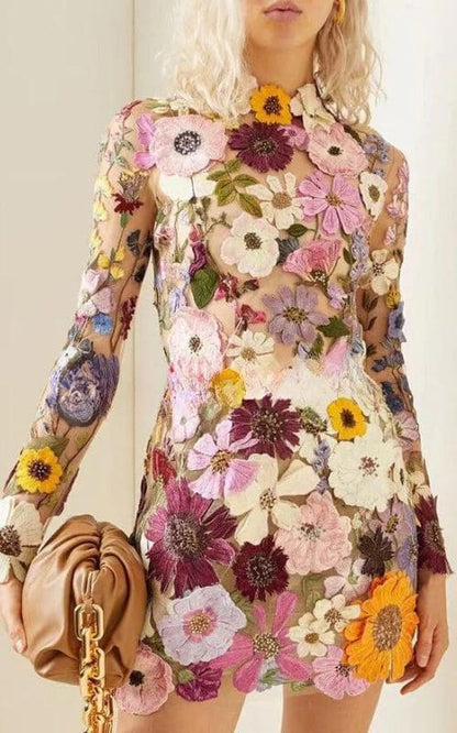 Fiorella Jurk | Bodycon Damesjurk met 3D Bloemenprint en Lange Mouwen