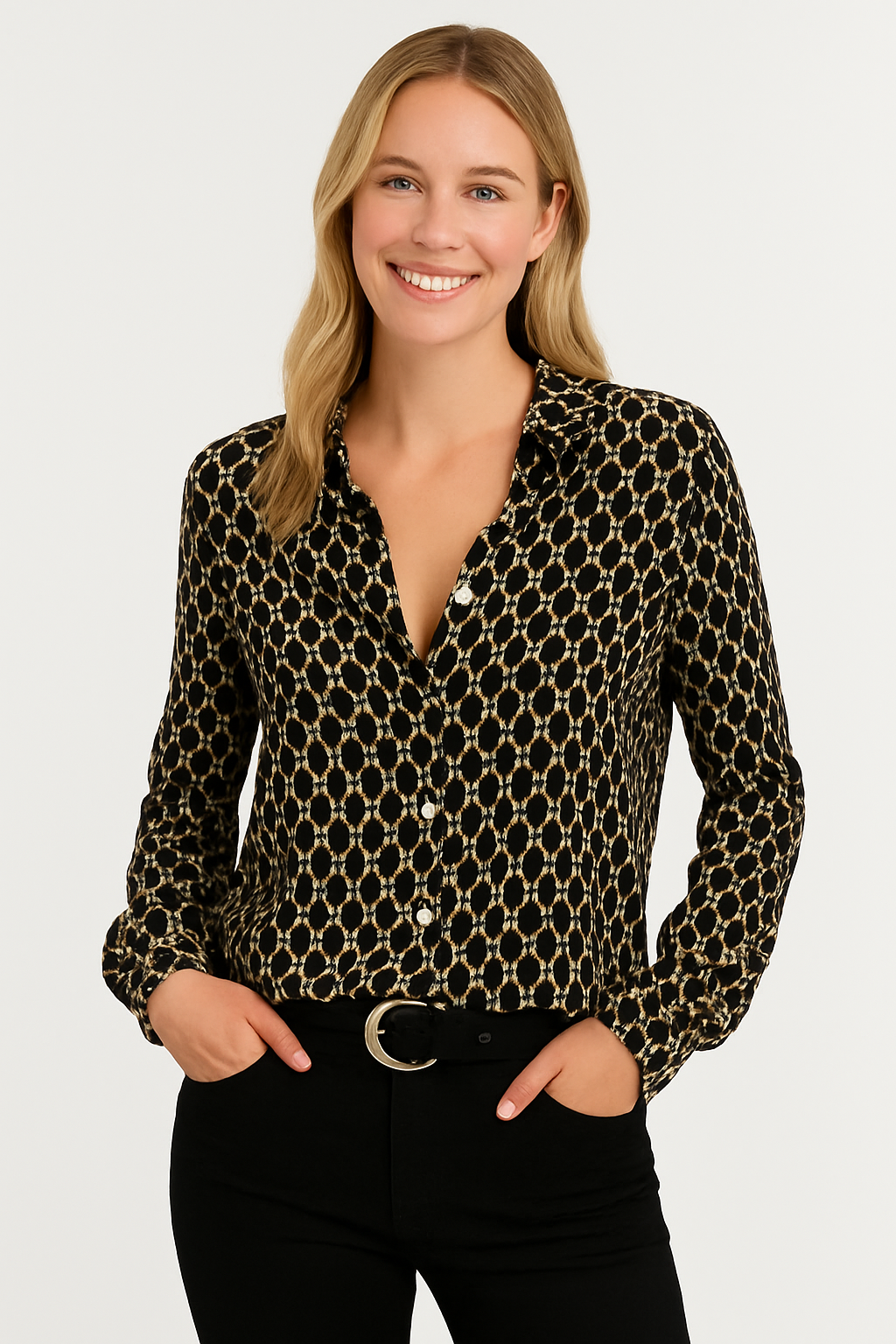 Elena dames blouse – geometrisch patroon met V-hals & lange mouwen