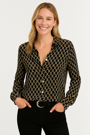 Elena dames blouse – geometrisch patroon met V-hals & lange mouwen