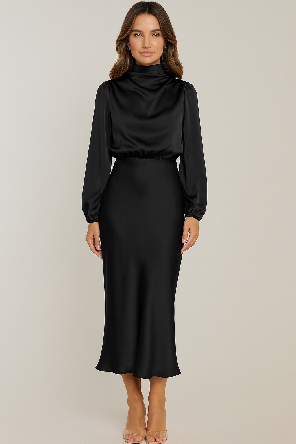 Isabella satijnen jurk – luxe lange jurk met lange mouwen en elegante pasvorm