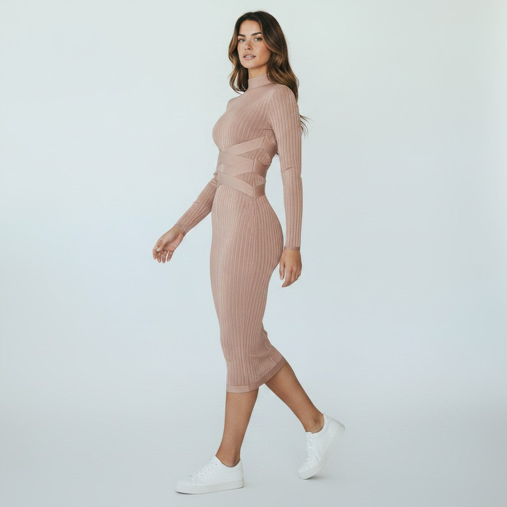 Midi Jurk Dames met Kraag en Lange Mouwen Getailleerd - Bruin / Zwart / Rood - Maelen