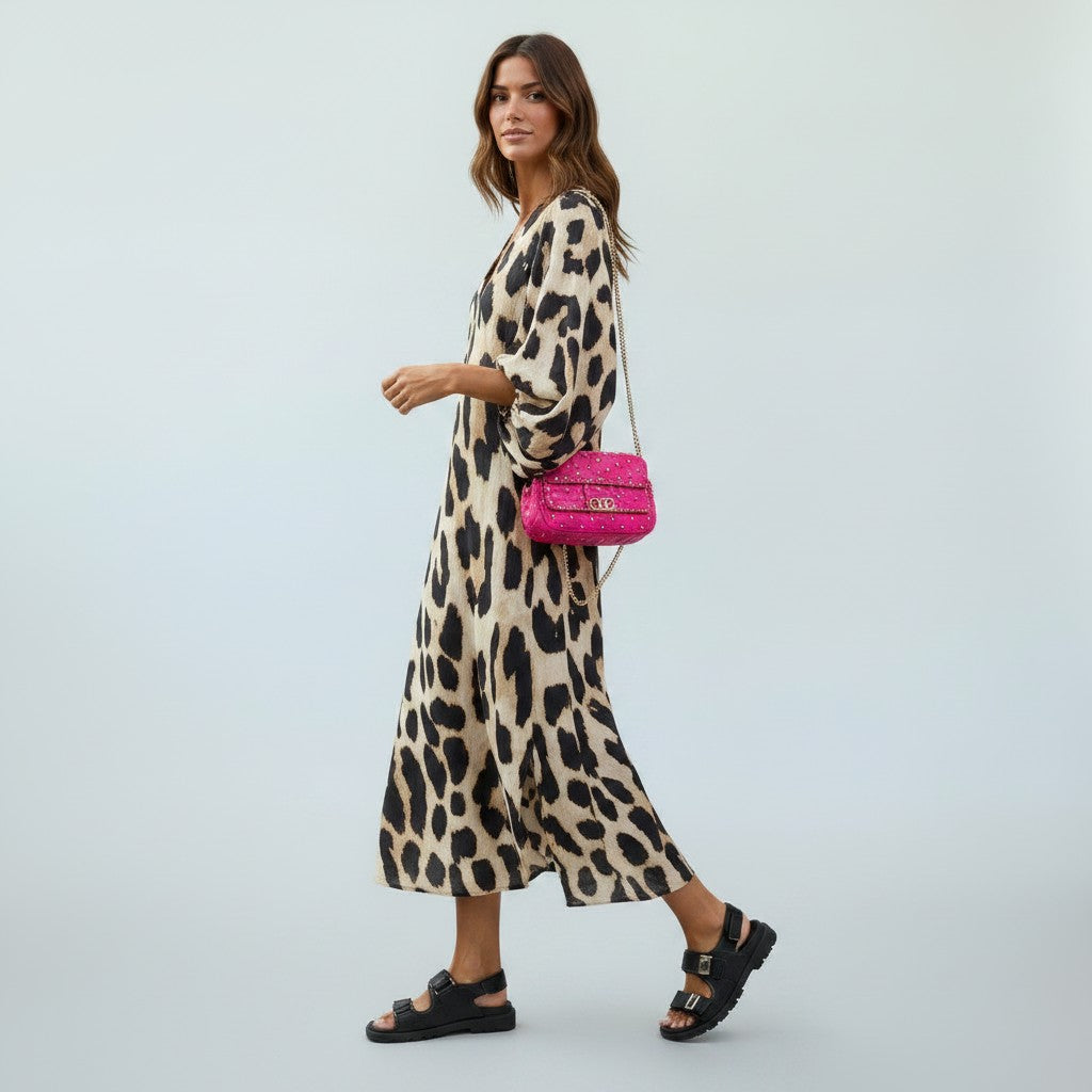 Midi Jurk Dames Panterprint met V-Hals en Korte Mouwen - Panterprint - Maelen