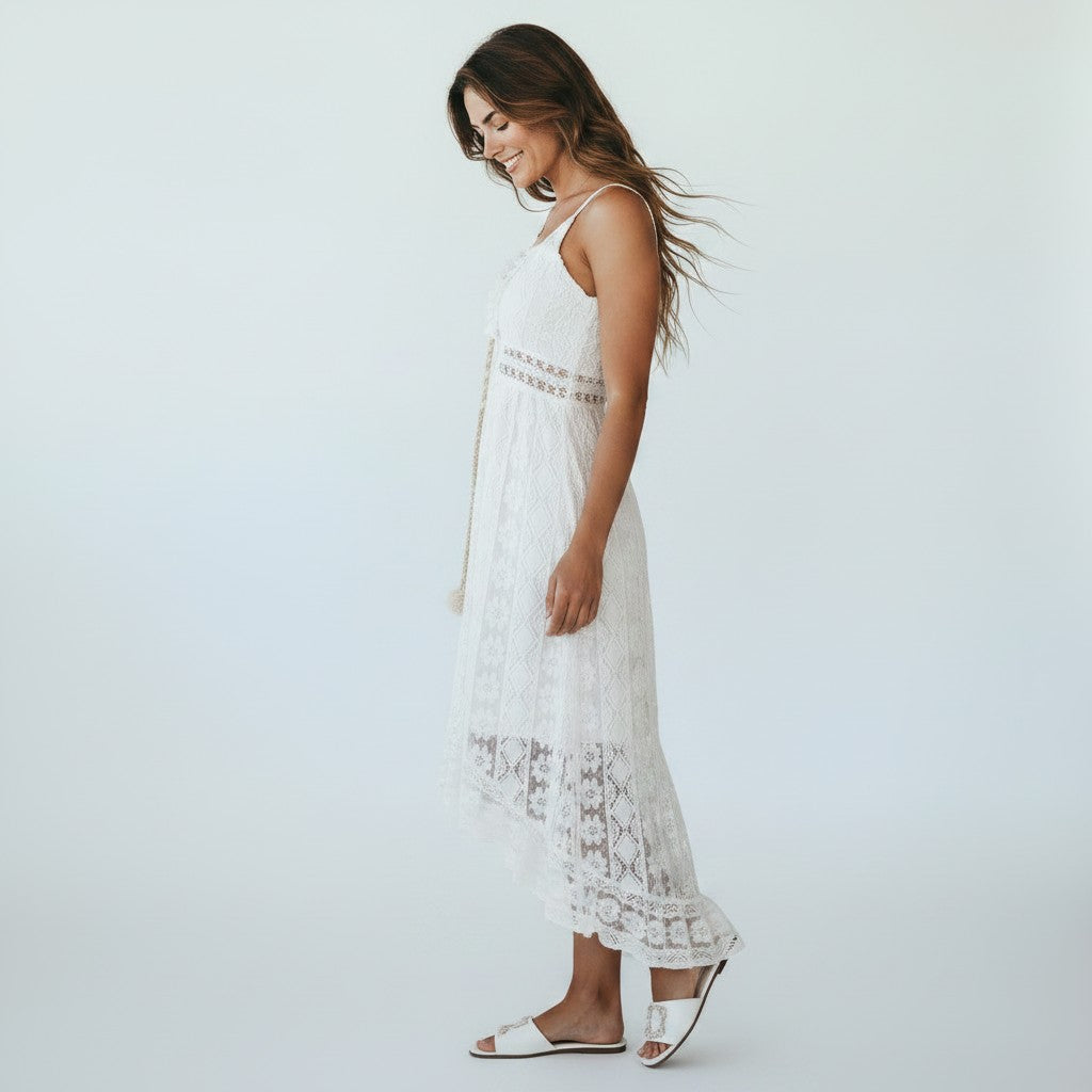 Maxi Jurk Dames Bohemian Kant met V-Hals en Asymmetrische Zoom - Wit - Maelen