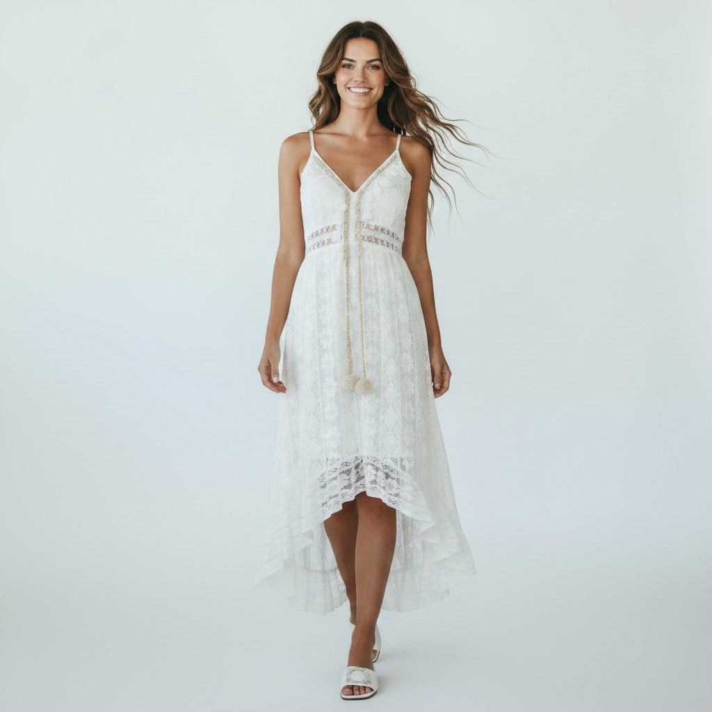 Maxi Jurk Dames Bohemian Kant met V-Hals en Asymmetrische Zoom - Wit - Maelen