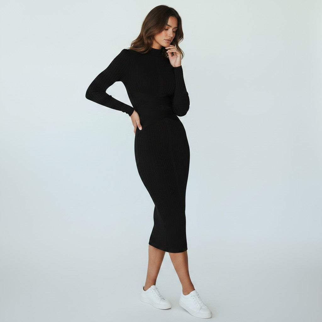 Midi Jurk Dames met Kraag en Lange Mouwen Getailleerd - Bruin / Zwart / Rood - Maelen