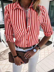 Bella | Gestreepte Blouse Dames met Klassieke Kraag - Luchtig, Casual en Kantoorklaar - Blauw / Rood / Zwart