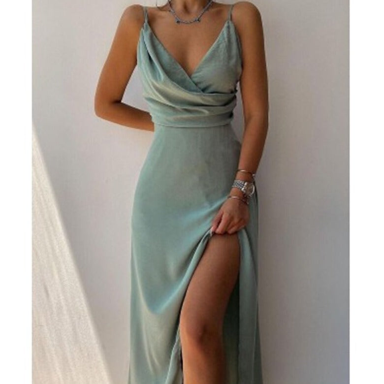 Dames Satijnen Slip Dress Spaghettibandjes V-hals Split Avond Elegant - Zwart / Rood / Groen - Maelen