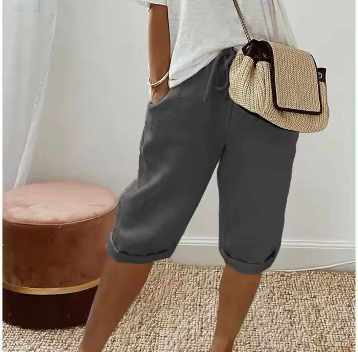 Dames Korte Capri Broek Elastische Taille Zomer Casual - Khaki / Zwart / Beige - Maelen