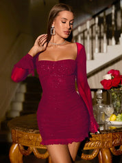 Aria Glitter mesh mini jurk dames – ruched party dress met lange mouwen