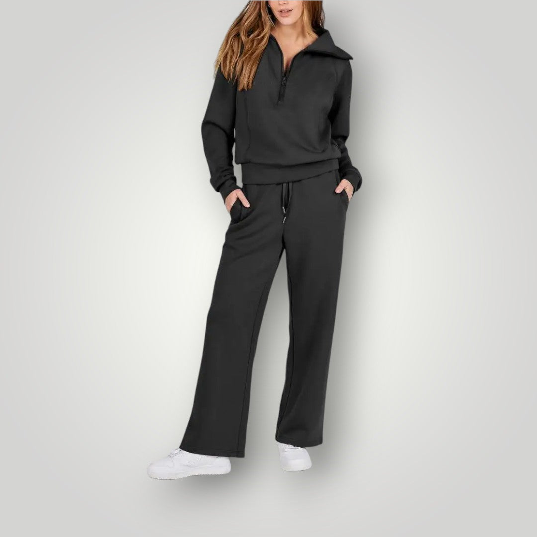 Lucia Dames Relaxte Loungeset | Twee-Delige Set met Rits-Top en Wijde Broek