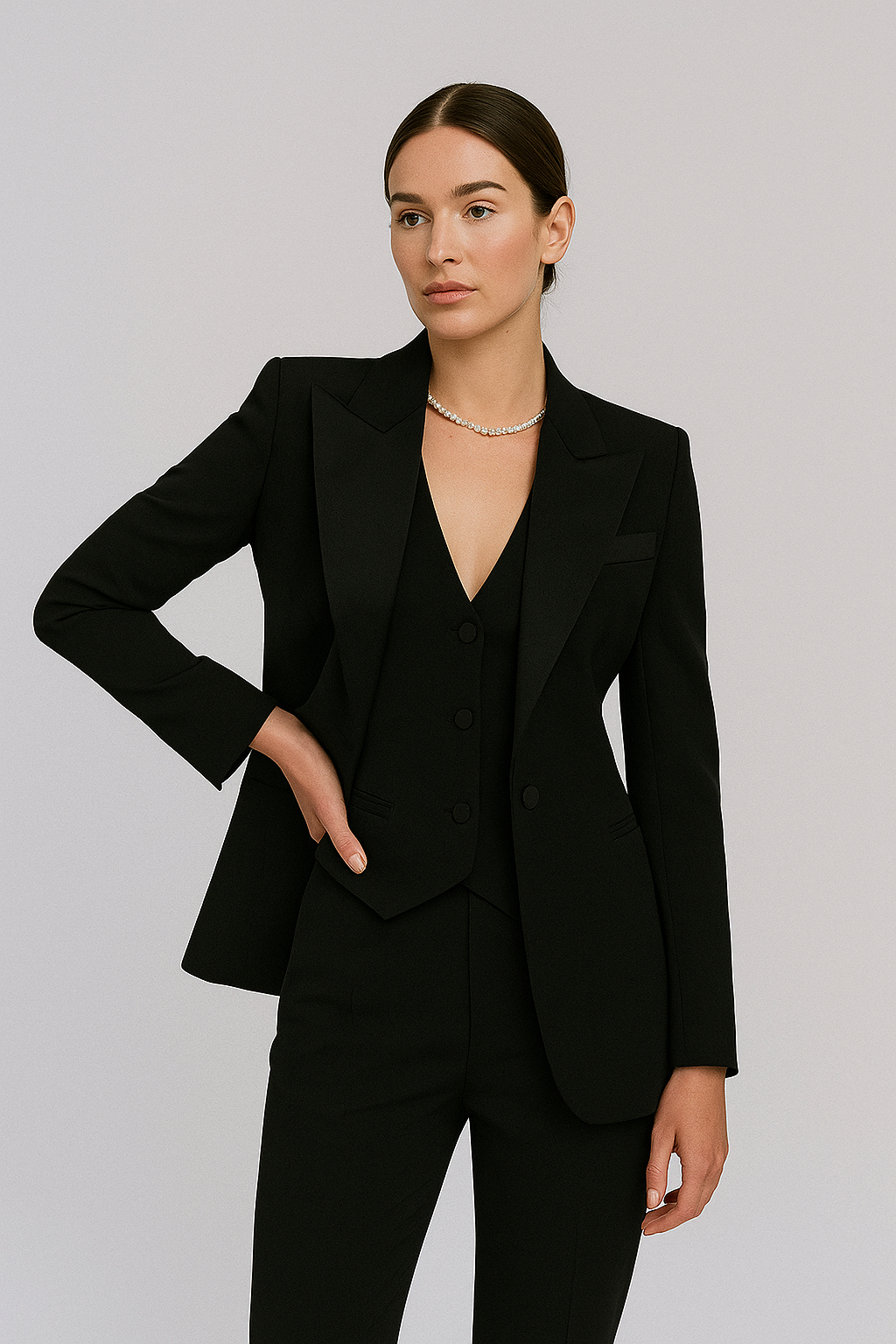 Dames Driedelige Set Blazer Vest en Slim Fit Broek Getailleerd Werk - Grijs / Zwart / Marineblauw - Maelen