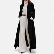 Bianca Dames lange zwarte mantel – elegante maxi coat met kraag en knoopsluiting