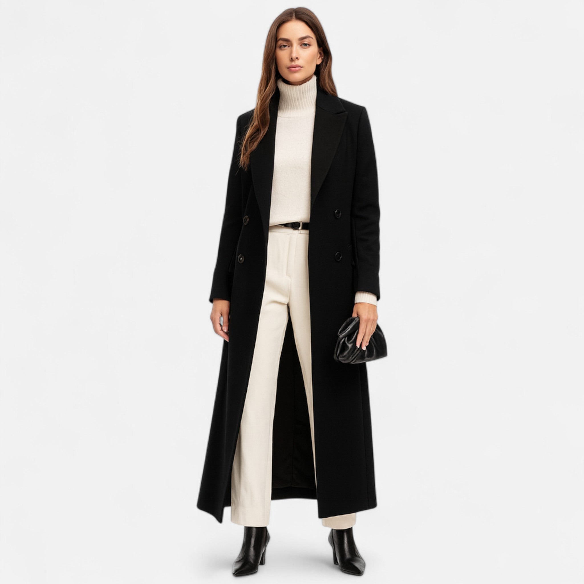 Bianca Dames lange zwarte mantel – elegante maxi coat met kraag en knoopsluiting