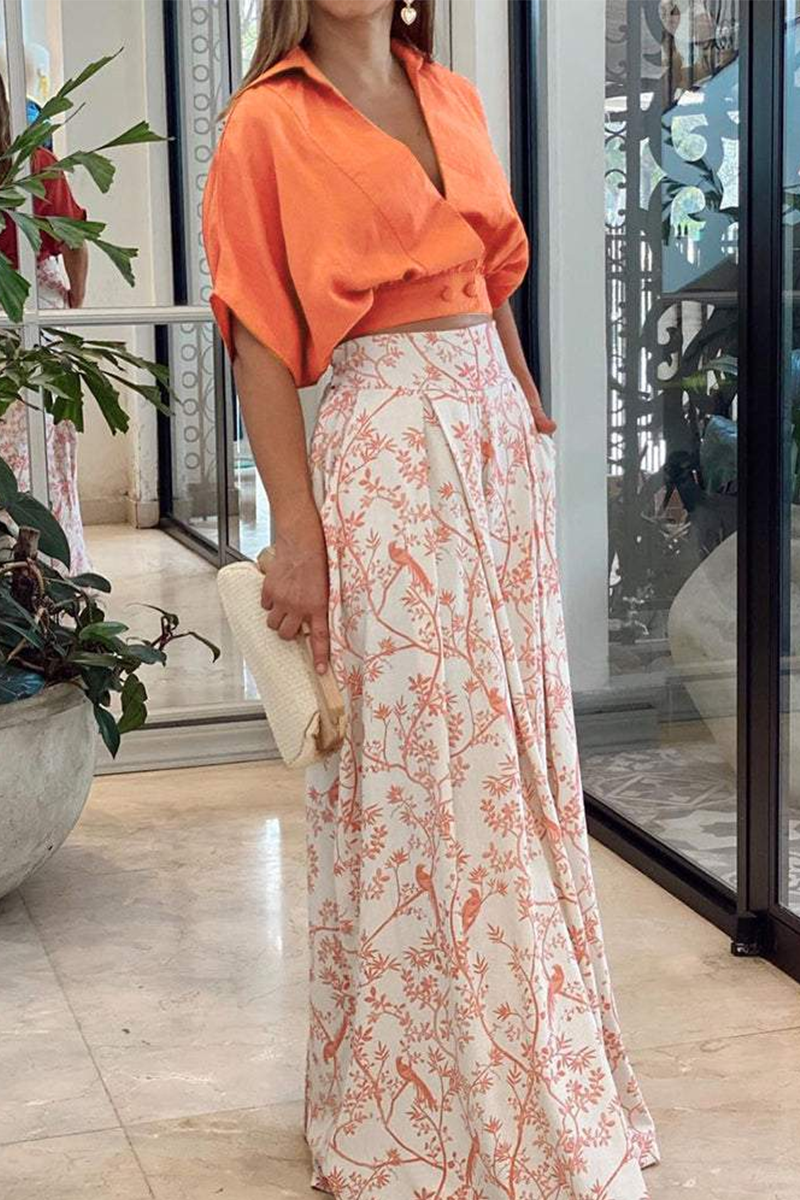 Tweedelige Set Dames Crop Top Pofmouwen en Wijde Pantalon - Oranje / Zwart / Rood - Maelen