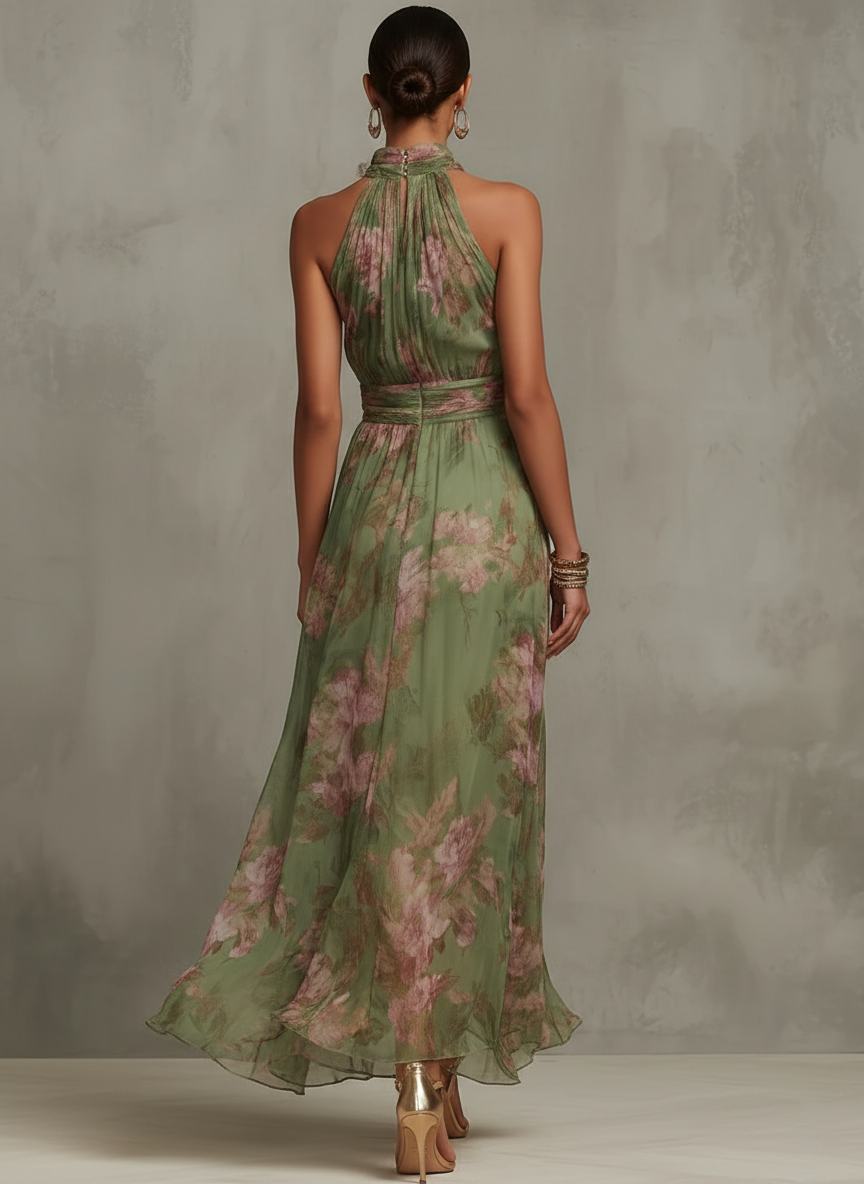 Chiffon Maxi Halterjurk Dames Bloemenprint Geplooide Taille - Groen - Maelen