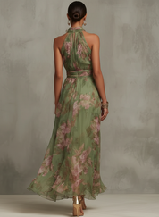 Chiffon Maxi Halterjurk Dames Bloemenprint Geplooide Taille - Groen - Maelen