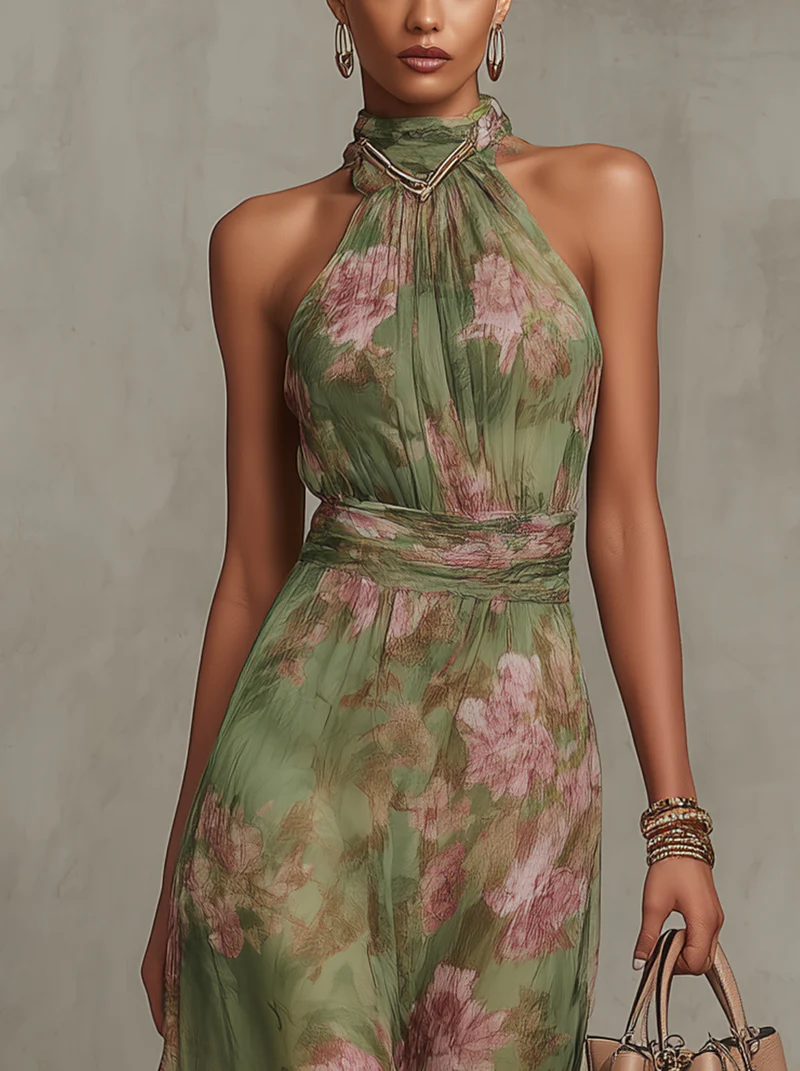 Chiffon Maxi Halterjurk Dames Bloemenprint Geplooide Taille - Groen - Maelen