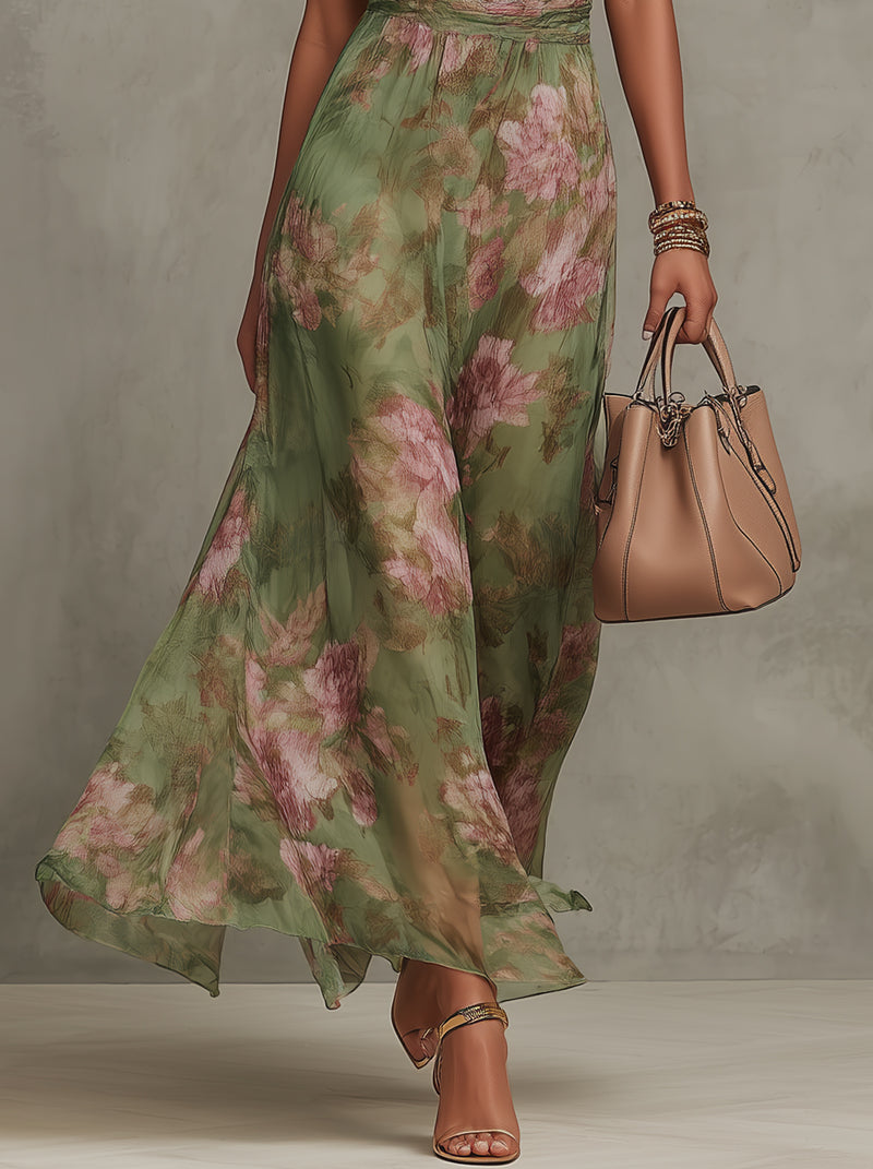 Chiffon Maxi Halterjurk Dames Bloemenprint Geplooide Taille - Groen - Maelen