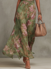 Chiffon Maxi Halterjurk Dames Bloemenprint Geplooide Taille - Groen - Maelen