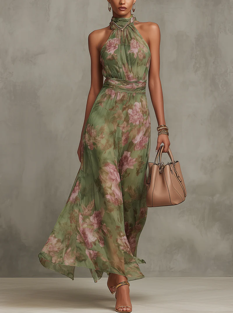 Chiffon Maxi Halterjurk Dames Bloemenprint Geplooide Taille - Groen - Maelen