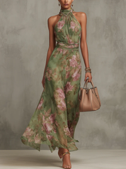 Chiffon Maxi Halterjurk Dames Bloemenprint Geplooide Taille - Groen - Maelen