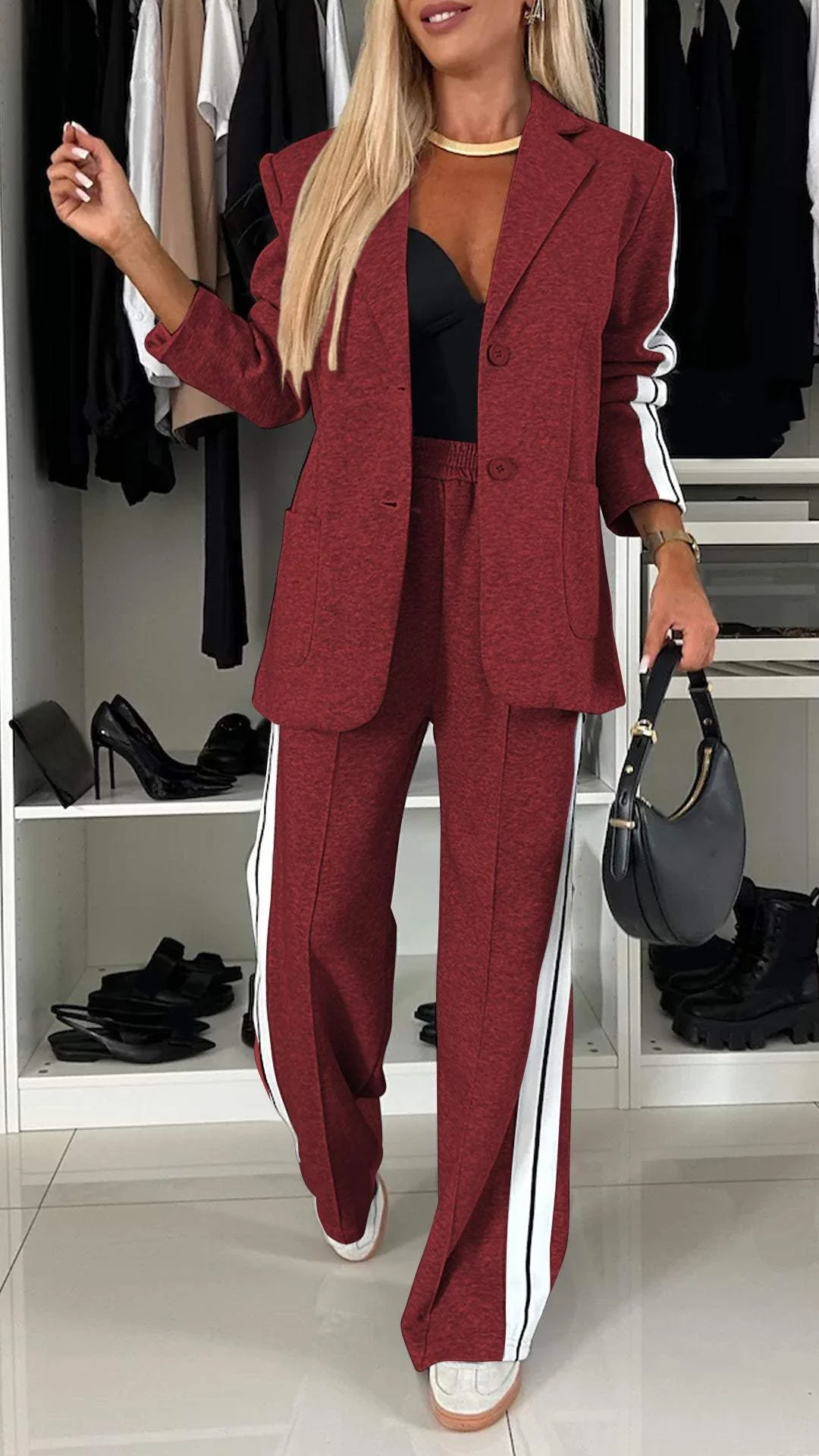 Dames Broekpak Blazer en Wide Leg Broek Geplooide Stof - Grijs / Wit / Zwart / Paars - Maelen