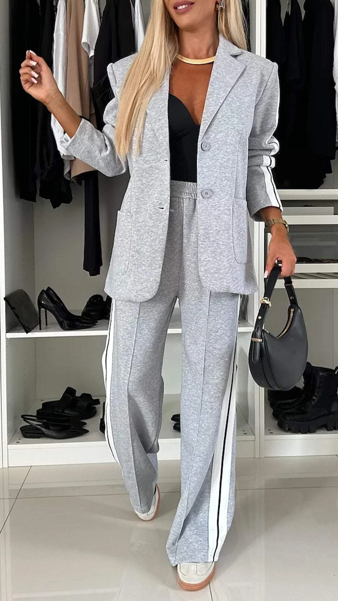 Dames Broekpak Blazer en Wide Leg Broek Geplooide Stof - Grijs / Wit / Zwart / Paars - Maelen
