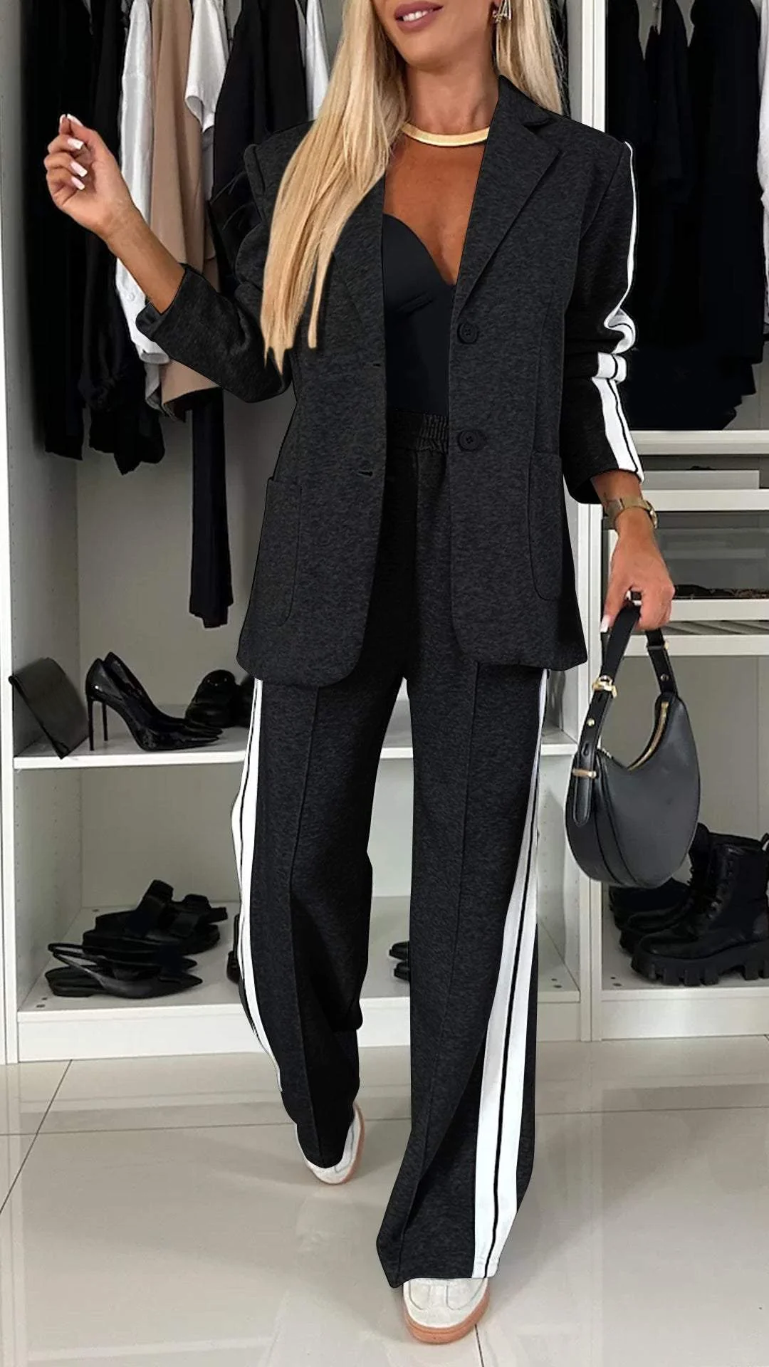 Dames Broekpak Blazer en Wide Leg Broek Geplooide Stof - Grijs / Wit / Zwart / Paars - Maelen