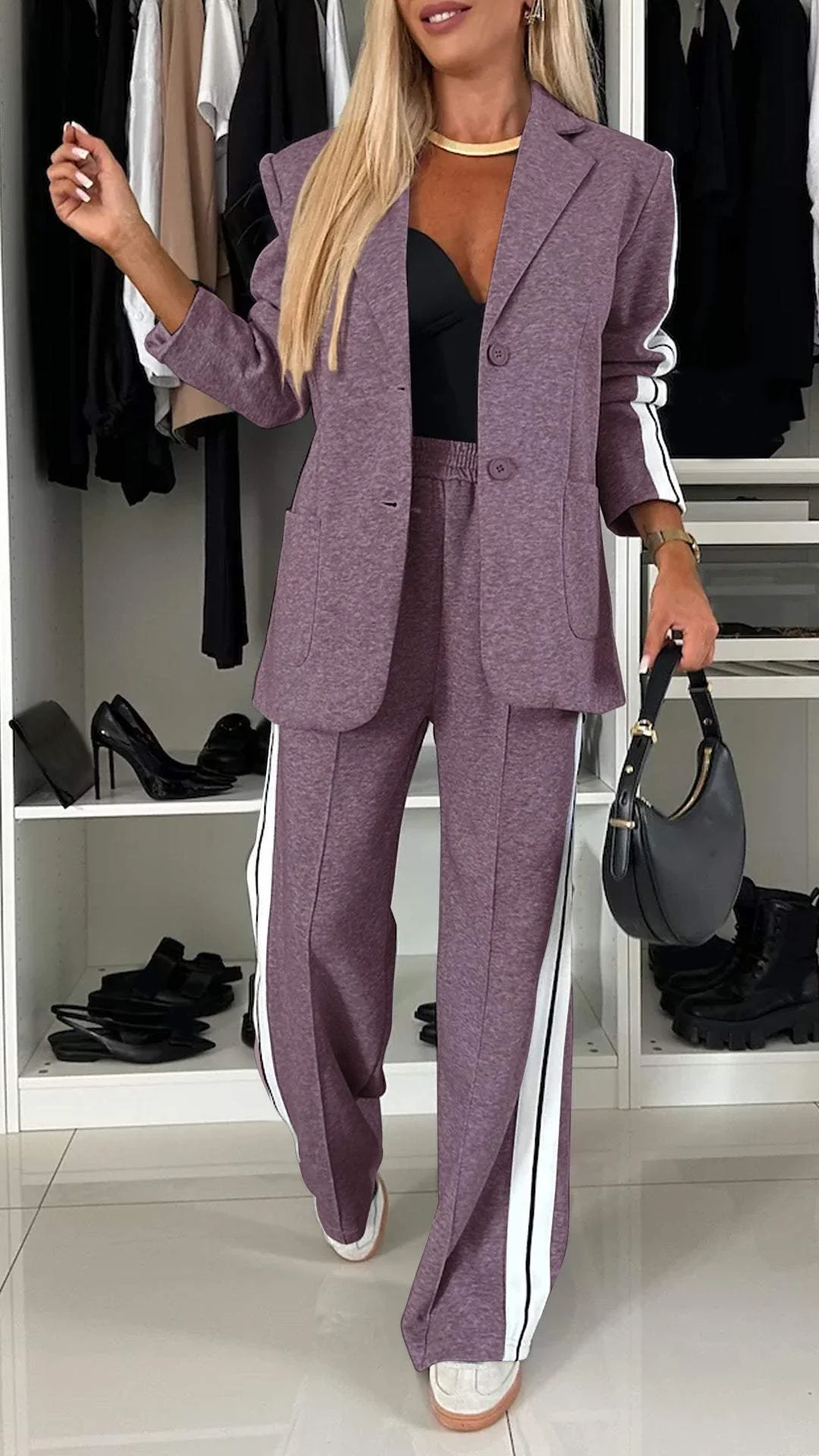 Dames Broekpak Blazer en Wide Leg Broek Geplooide Stof - Grijs / Wit / Zwart / Paars - Maelen
