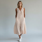 Lange Wijde Zomerjurk Dames Mouwloos V-hals Maxi - Beige / Blauw / Wit - Maelen