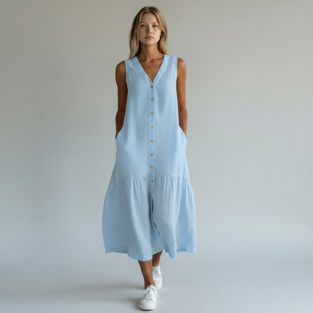 Lange Wijde Zomerjurk Dames Mouwloos V-hals Maxi - Beige / Blauw / Wit - Maelen
