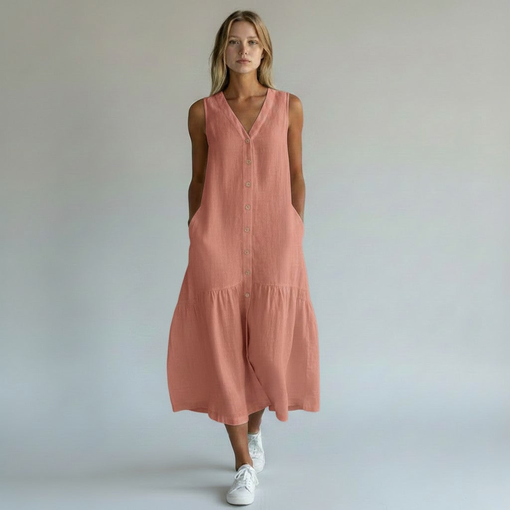 Lange Wijde Zomerjurk Dames Mouwloos V-hals Maxi - Beige / Blauw / Wit - Maelen