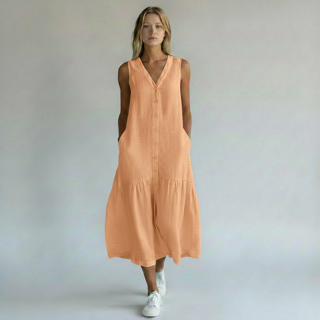 Lange Wijde Zomerjurk Dames Mouwloos V-hals Maxi - Beige / Blauw / Wit - Maelen