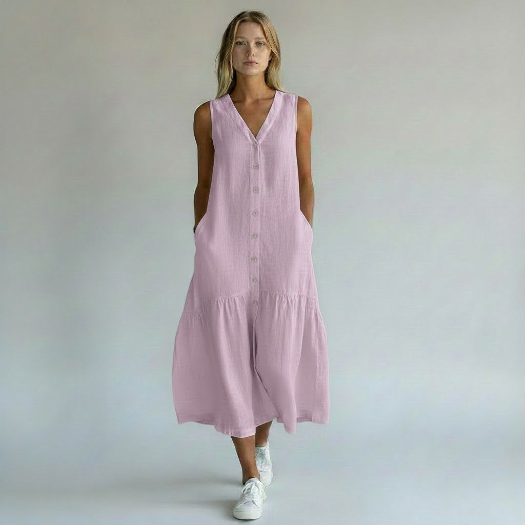 Lange Wijde Zomerjurk Dames Mouwloos V-hals Maxi - Beige / Blauw / Wit - Maelen