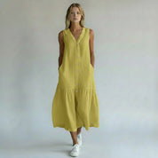 Lange Wijde Zomerjurk Dames Mouwloos V-hals Maxi - Beige / Blauw / Wit - Maelen