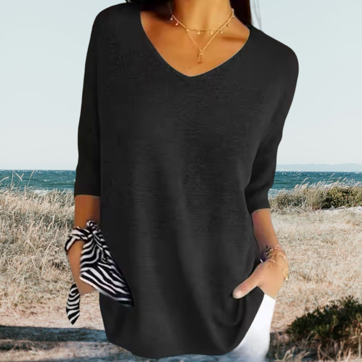 Dames Top V-Hals Zomer Luchtig Casual - Beige / Wit / Zwart - Maelen