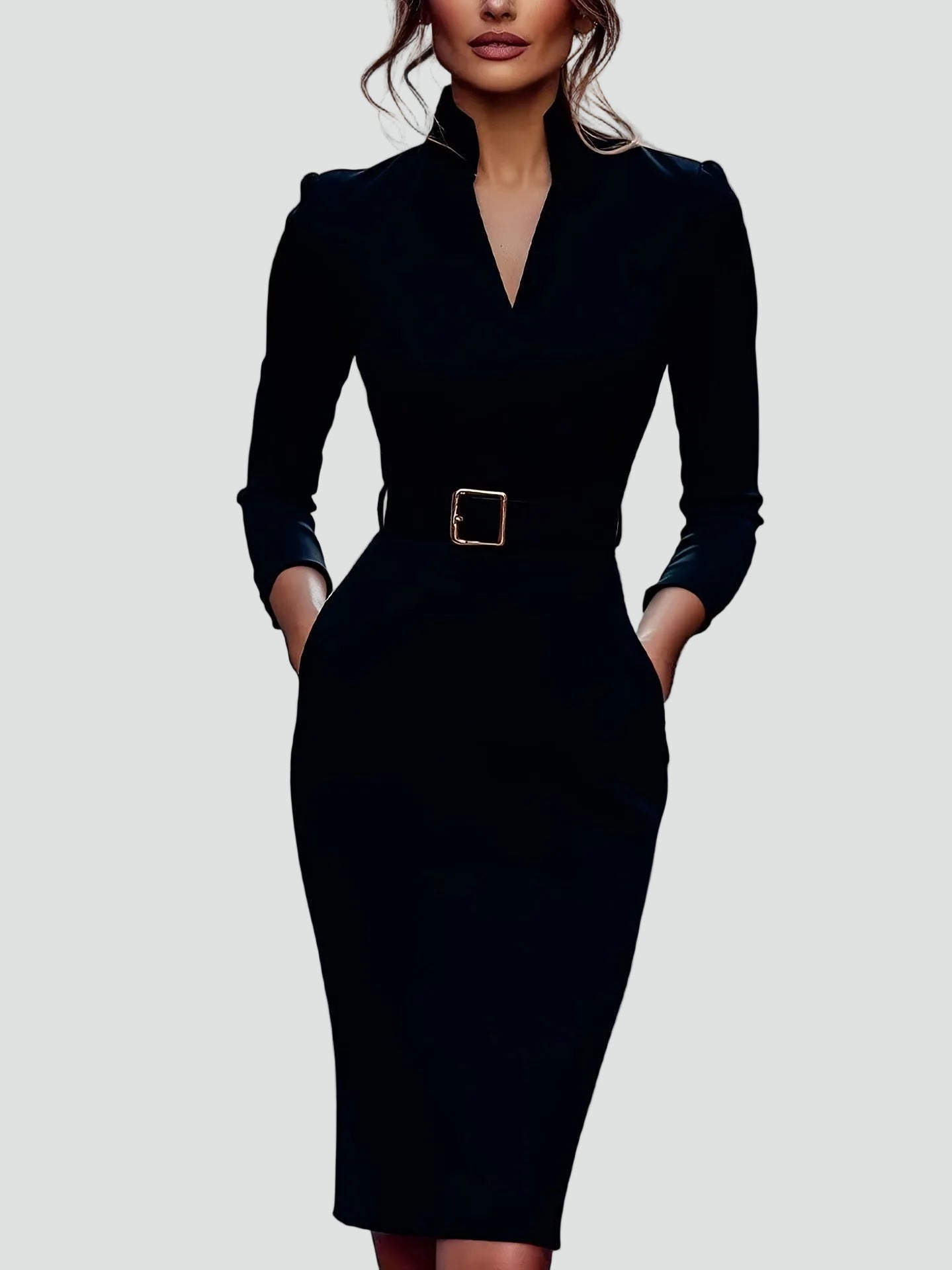 Zakelijke Midi Jurk Dames met Ceintuur en 3/4 Mouwen, Elegant en Flatterend - Leonora Bianchi