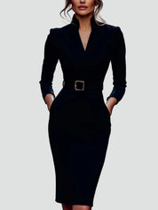 Zakelijke Midi Jurk Dames met Ceintuur en 3/4 Mouwen, Elegant en Flatterend - Leonora Bianchi