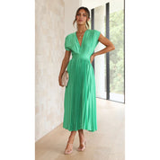 Dames Midi Jurk Plissé Rok V-hals Korte Mouwen Bruiloft Gast - Roze / Beige / Lila - Maelen