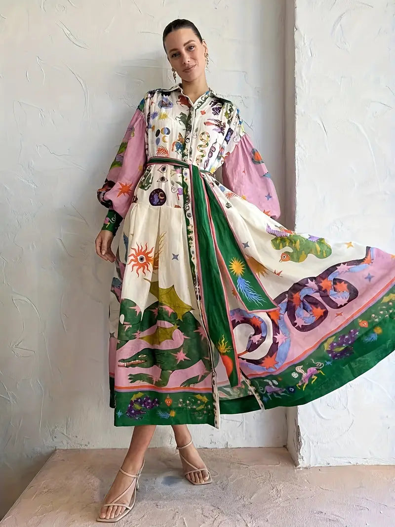 Adeline Maxi-jurk | Vloeiende Jurk met Abstracte Print, Lantaarnmouwen en Taille Riem