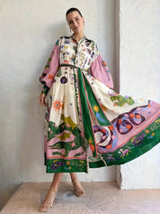 Adeline Maxi-jurk | Vloeiende Jurk met Abstracte Print, Lantaarnmouwen en Taille Riem