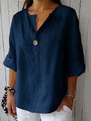 Dames Zomerblouse V-hals Knoopdetail Linnen Look Loszittend - Beige / Marineblauw / Rood - Maelen