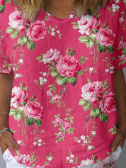 Dames Blouse Bloemenprint Korte Mouwen Knopen Luchtige Pasvorm Casual en Werk - Roze - Maelen