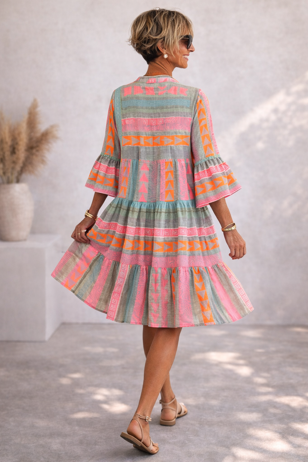 Dames Midi Jurk Gelaagd Kleurrijk Print V-hals Loszittend Zomer - Maelen