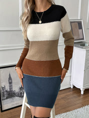 Chiara Jurk | Chique Herfstjurk met Kleurblok en Lange Mouwen