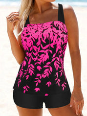 Dames Tankini Bladprint Tweedelig Zwart Contrast - Zwart-Geel / Zwart-Wit / Zwart-Roze - Maelen