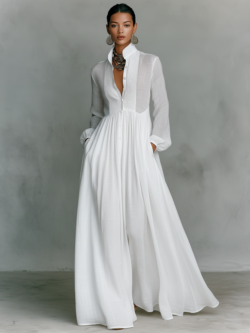 Dames Maxi Jurk Katoen Linnen Staande Kraag Lange Mouwen Enknoops - Wit / Blauw / Zwart - Maelen