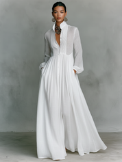 Dames Maxi Jurk Katoen Linnen Staande Kraag Lange Mouwen Enknoops - Wit / Blauw / Zwart - Maelen