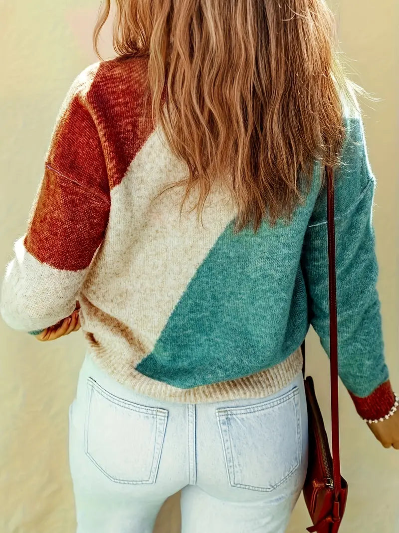 Carina Trui | Zachte Kleurblok Damestrui met Ronde Hals en Relaxte Pasvorm